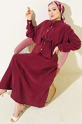 Gold Düğmeli Pelerinli Modal Etekli Takım Bordo 