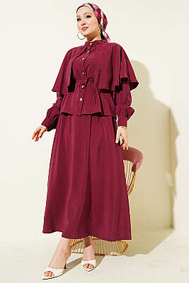 Gold Düğmeli Pelerinli Modal Etekli Takım Bordo - İkili Takım