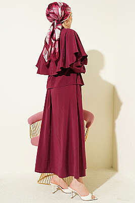 Gold Düğmeli Pelerinli Modal Etekli Takım Bordo - İkili Takım