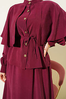 Gold Düğmeli Pelerinli Modal Etekli Takım Bordo - İkili Takım