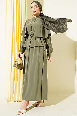 Gold Düğmeli Pelerinli Modal Etekli Takım Haki - İkili Takım