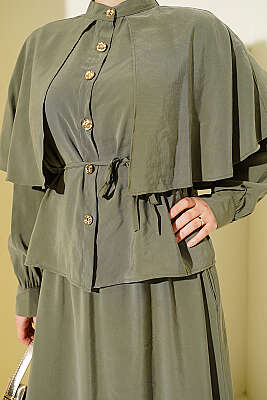 Gold Düğmeli Pelerinli Modal Etekli Takım Haki - İkili Takım