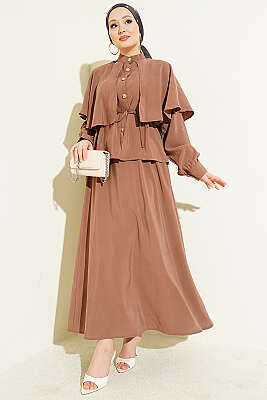 Gold Düğmeli Pelerinli Modal Etekli Takım Kahve 