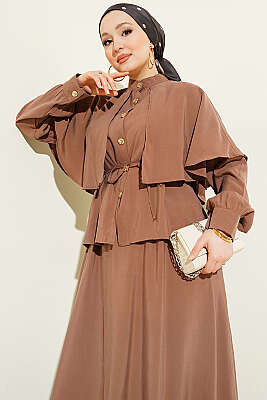 Gold Düğmeli Pelerinli Modal Etekli Takım Kahve - İkili Takım