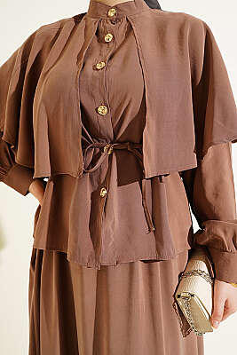 Gold Düğmeli Pelerinli Modal Etekli Takım Kahve - İkili Takım