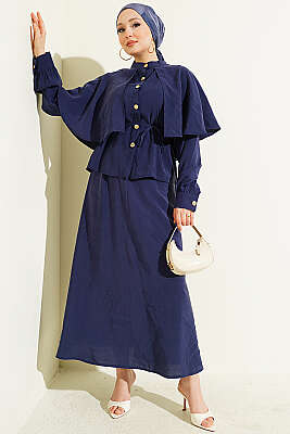 Gold Düğmeli Pelerinli Modal Etekli Takım Lacivert - NEVA MODA