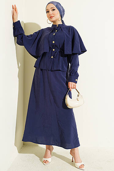 Gold Düğmeli Pelerinli Modal Etekli Takım Lacivert - İkili Takım