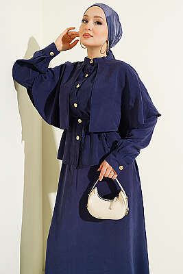 Gold Düğmeli Pelerinli Modal Etekli Takım Lacivert - İkili Takım