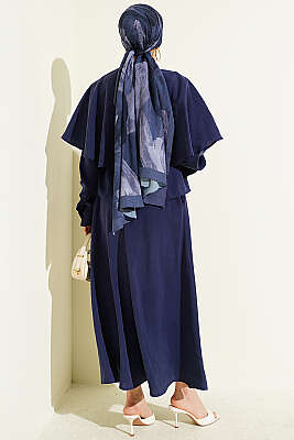 Gold Düğmeli Pelerinli Modal Etekli Takım Lacivert - İkili Takım