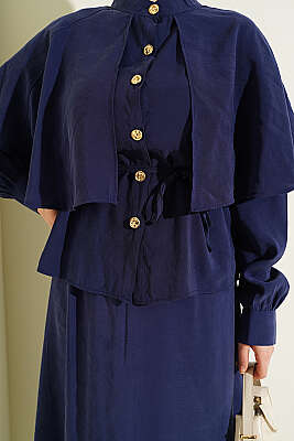 Gold Düğmeli Pelerinli Modal Etekli Takım Lacivert - İkili Takım