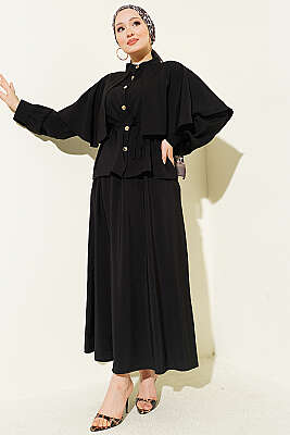 Gold Düğmeli Pelerinli Modal Etekli Takım Siyah - NEVA MODA