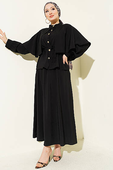 Gold Düğmeli Pelerinli Modal Etekli Takım Siyah - İkili Takım