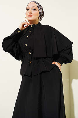 Gold Düğmeli Pelerinli Modal Etekli Takım Siyah - İkili Takım