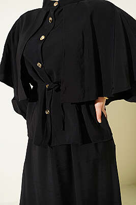 Gold Düğmeli Pelerinli Modal Etekli Takım Siyah - İkili Takım