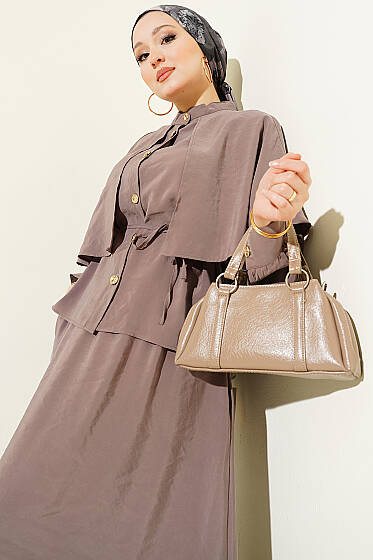 Gold Düğmeli Pelerinli Modal Etekli Takım Vizon - İkili Takım