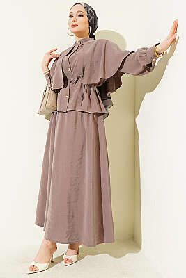 Gold Düğmeli Pelerinli Modal Etekli Takım Vizon - İkili Takım