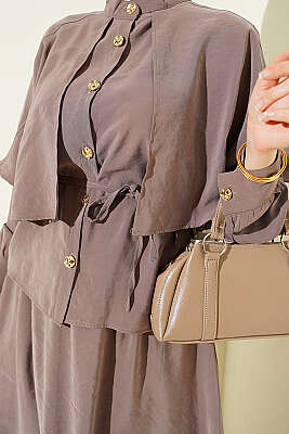 Gold Düğmeli Pelerinli Modal Etekli Takım Vizon - İkili Takım