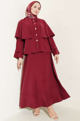 Gold Düğmeli Pelerinli Tensel Etekli Takım Bordo - HATUN