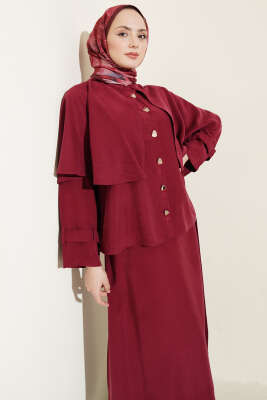 Gold Düğmeli Pelerinli Tensel Etekli Takım Bordo - İkili Takım