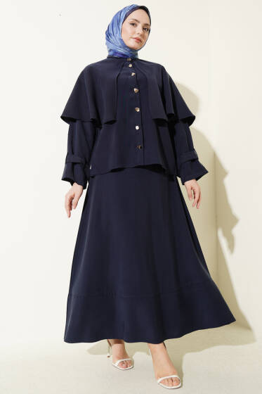 Gold Düğmeli Pelerinli Tensel Etekli Takım Lacivert - İkili Takım