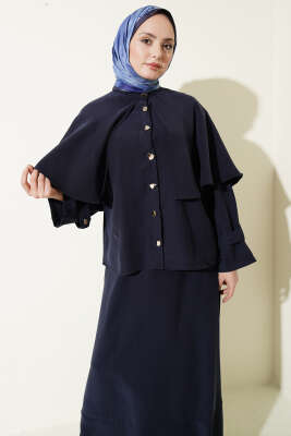 Gold Düğmeli Pelerinli Tensel Etekli Takım Lacivert - İkili Takım