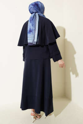 Gold Düğmeli Pelerinli Tensel Etekli Takım Lacivert - İkili Takım