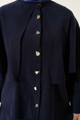 Gold Düğmeli Pelerinli Tensel Etekli Takım Lacivert - İkili Takım