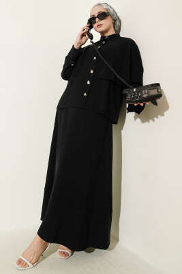 Gold Düğmeli Pelerinli Tensel Etekli Takım Siyah - HATUN