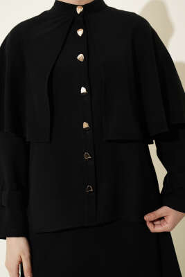 Gold Düğmeli Pelerinli Tensel Etekli Takım Siyah - İkili Takım