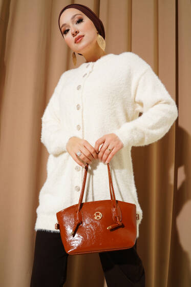 Gold Düğmeli Peluş Hırka Ekru - Hırka