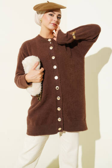 Gold Düğmeli Peluş Hırka Kahve - Hırka