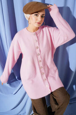 Gold Düğmeli Peluş Hırka Pembe - ARISOY