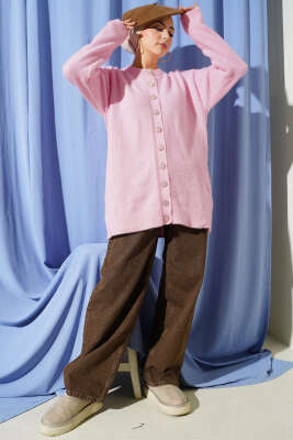 Gold Düğmeli Peluş Hırka Pembe - Hırka