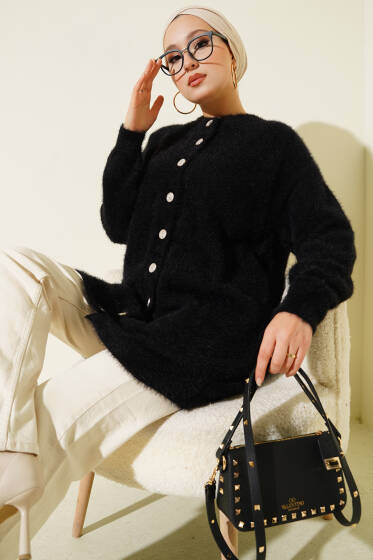 Gold Düğmeli Peluş Hırka Siyah - Hırka