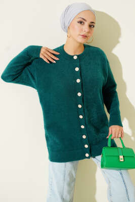 Gold Düğmeli Peluş Hırka Zümrüt - ARISOY