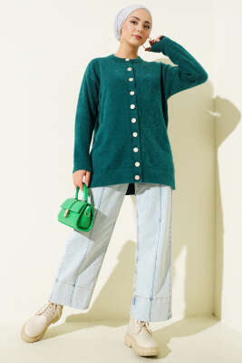 Gold Düğmeli Peluş Hırka Zümrüt - Hırka