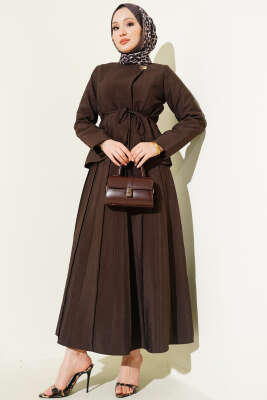 Gold Düğmeli Pileli Etekli İkili Takım Kahve - TABA