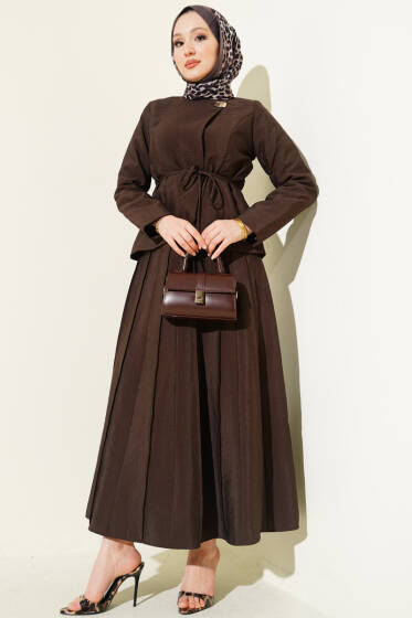 Gold Düğmeli Pileli Etekli İkili Takım Kahve - İkili Takım