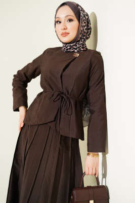 Gold Düğmeli Pileli Etekli İkili Takım Kahve - İkili Takım