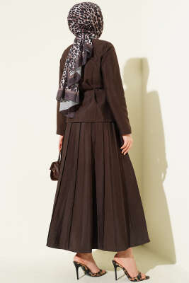 Gold Düğmeli Pileli Etekli İkili Takım Kahve - İkili Takım