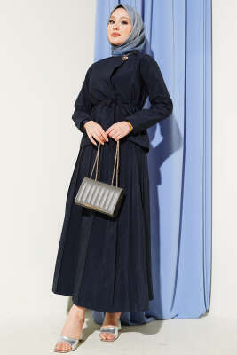 Gold Düğmeli Pileli Etekli İkili Takım Lacivert - TABA