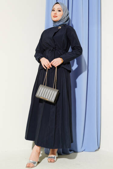 Gold Düğmeli Pileli Etekli İkili Takım Lacivert - İkili Takım