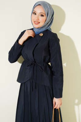 Gold Düğmeli Pileli Etekli İkili Takım Lacivert - İkili Takım