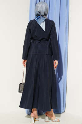 Gold Düğmeli Pileli Etekli İkili Takım Lacivert - İkili Takım