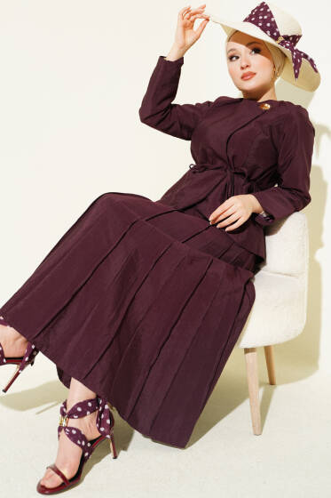 Gold Düğmeli Pileli Etekli İkili Takım Mürdüm - İkili Takım