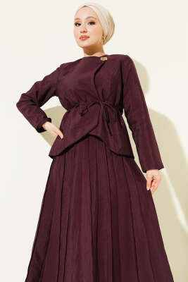 Gold Düğmeli Pileli Etekli İkili Takım Mürdüm - İkili Takım