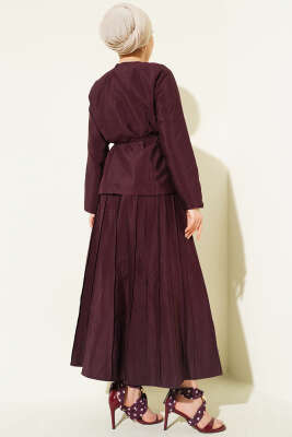 Gold Düğmeli Pileli Etekli İkili Takım Mürdüm - İkili Takım