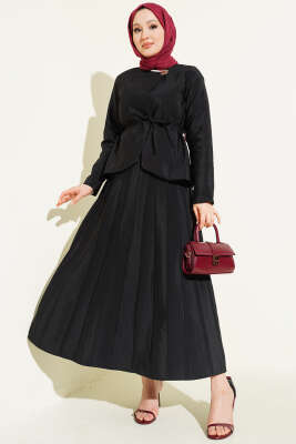 Gold Düğmeli Pileli Etekli İkili Takım Siyah - TABA