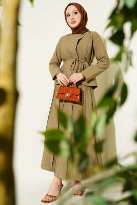 Gold Düğmeli Pileli Etekli İkili Takım Yağ Yeşili - TABA