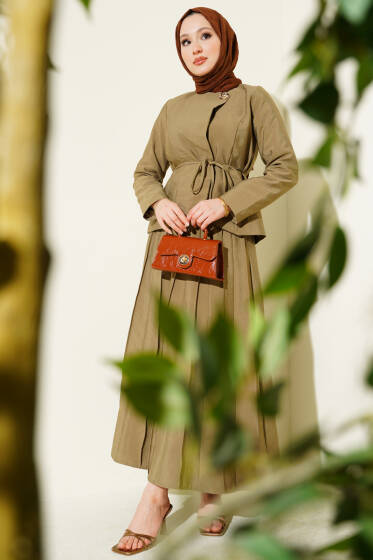Gold Düğmeli Pileli Etekli İkili Takım Yağ Yeşili - İkili Takım